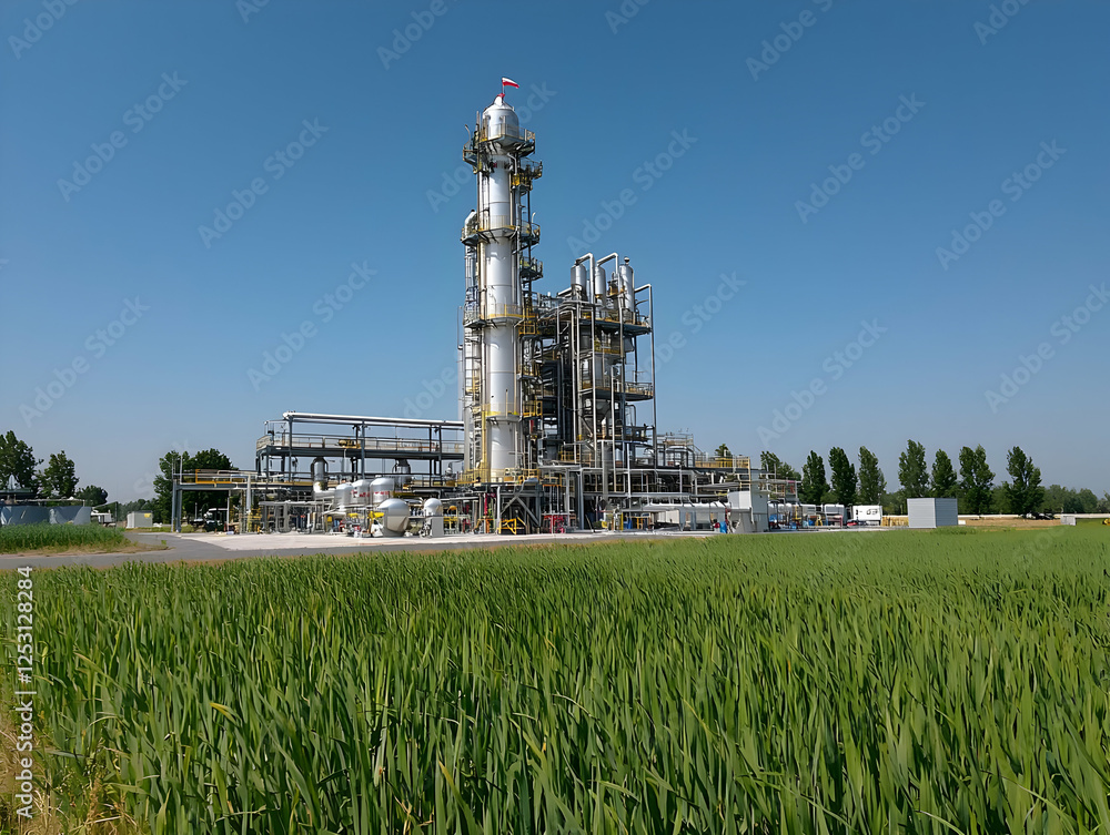 Biofuel plant amidst green field, sunny day Biofuel plant amidst green field, sunny day