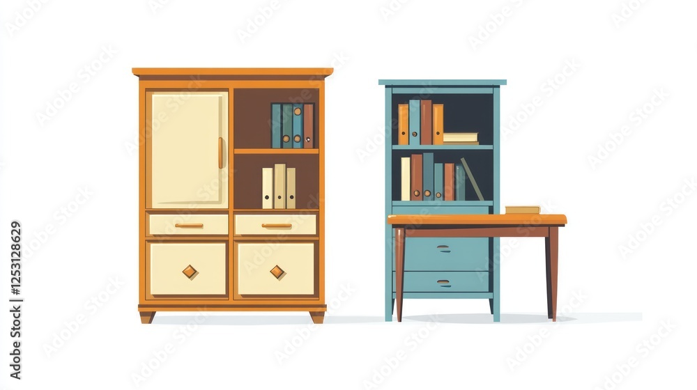 Office Furniture Arrangement, Bookshelves, Filing Cabinet, Flat Style Illustration, Workspace Office Furniture Arrangement, Bookshelves, Filing Cabinet, Flat Style Illustration, Workspace