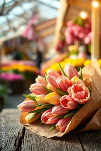 Fresh tulips in a paper wrap sit on a weathered wooden table. The flowers are vibrant and colorful.