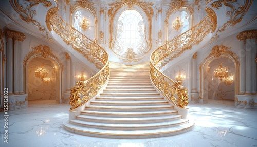 Grand staircase in opulent palace interior with gold railings, marble floor, and bright window
