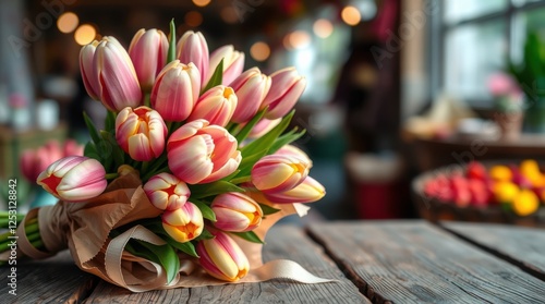 Bouquet of pink and yellow tulips wrapped in paper sitting on a rustic wooden table.