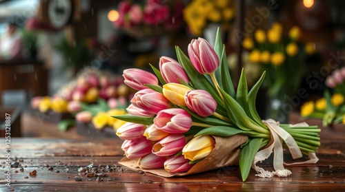 Freshly cut tulips in pink and yellow hues, wrapped delicately, grace a rustic wooden surface. Floral beauty.