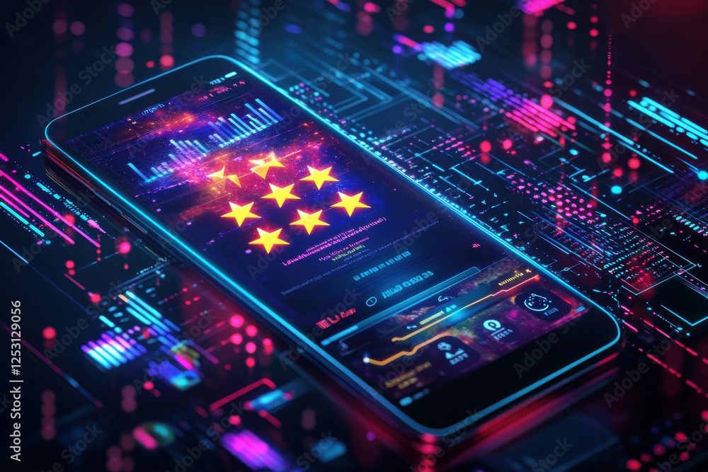 Obraz premium Smartphone app showcasing a five-star rating with digital effects and upward growth indicator in a modern tech environment