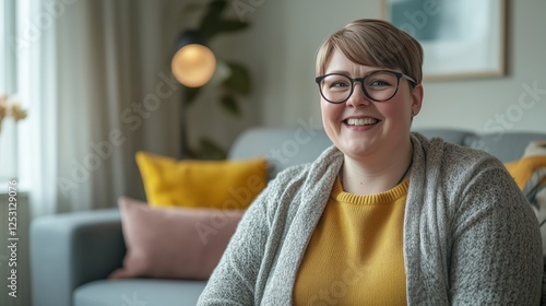 Make a foto of scandinavian 35+ year old woman who is slightly overweight , listening online courses in her livingroom on her sofa being happy. living room looks scandinavian and warm photo