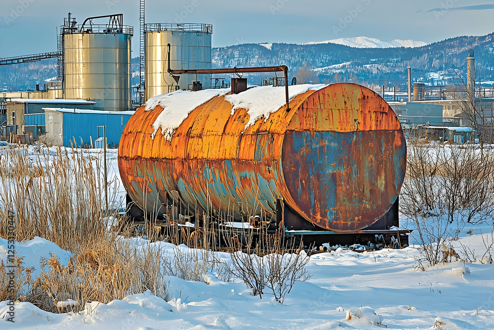 Rusty tank, snowy industrial landscape Rusty tank, snowy industrial landscape