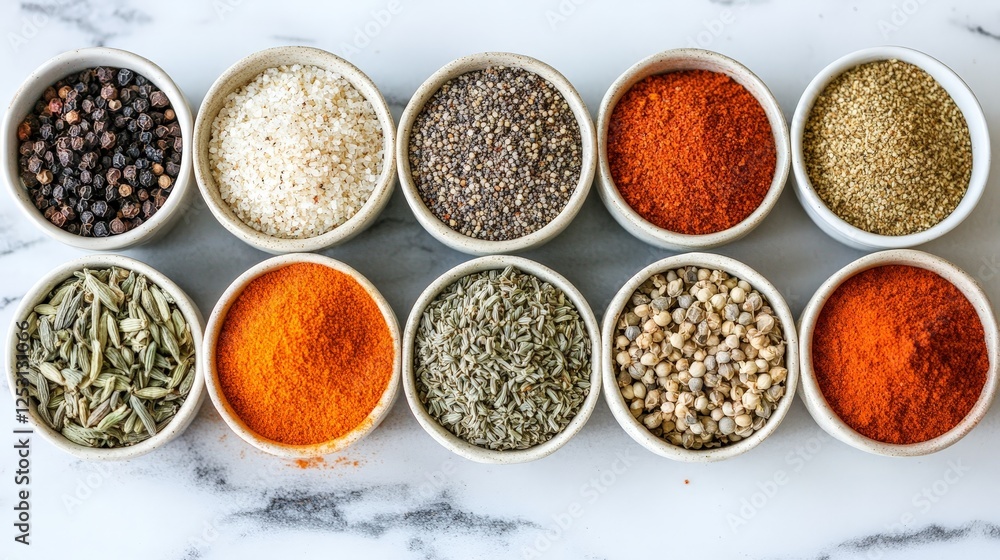 A collection of various spices arranged in bowls on a marble surface. A collection of various spices arranged in bowls on a marble surface.