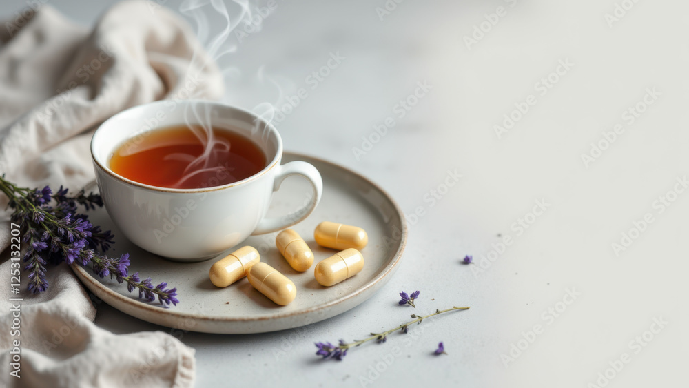 A cozy setting with a cup of tea and a plate featuring magnesium glycinate supplements. A cozy setting with a cup of tea and a plate featuring magnesium glycinate supplements.