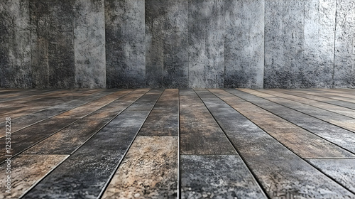 Rustic wooden floor, grey concrete wall background. Product display
