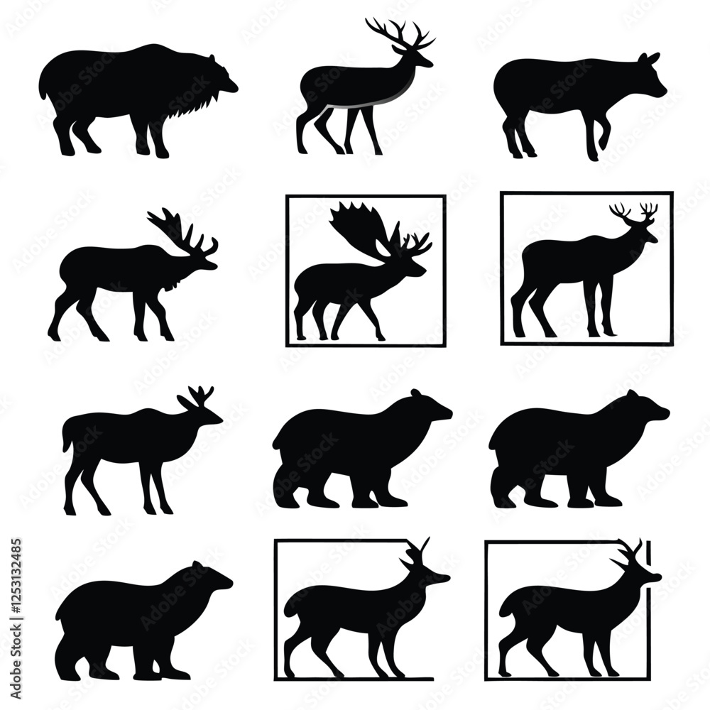 Obraz premium Black Animal Silhouettes Wildlife Vector Set