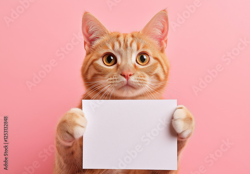 Cute Ginger Cat Holding Blank Paper with Pink Background