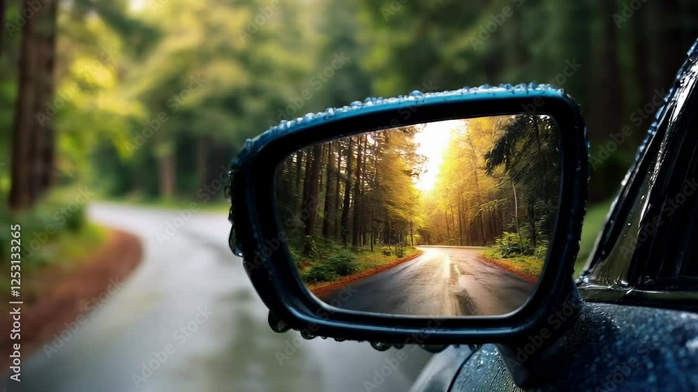 Reflection of Lush Green Forest and Road in Car Side Mirror After Rain Reflection of Lush Green Forest and Road in Car Side Mirror After Rain
