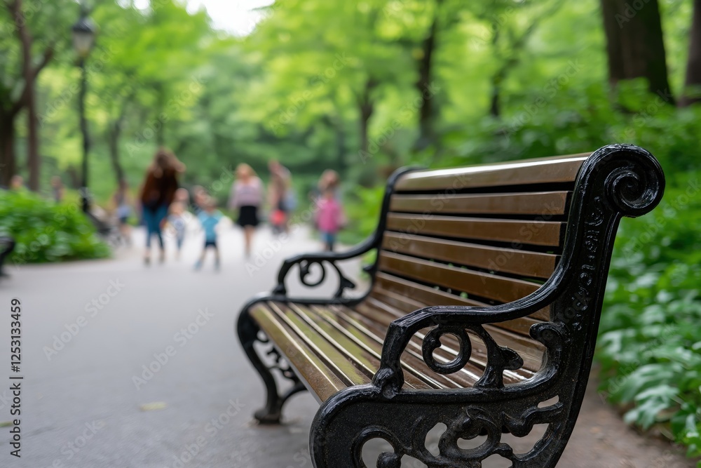 A beautifully crafted ornate park bench along a paved pathway, surrounded by lush greenery, with families and children walking in the background, creating a peaceful and inviting atmosphere A beautifully crafted ornate park bench along a paved pathway, surrounded by lush greenery, with families and children walking in the background, creating a peaceful and inviting atmosphere