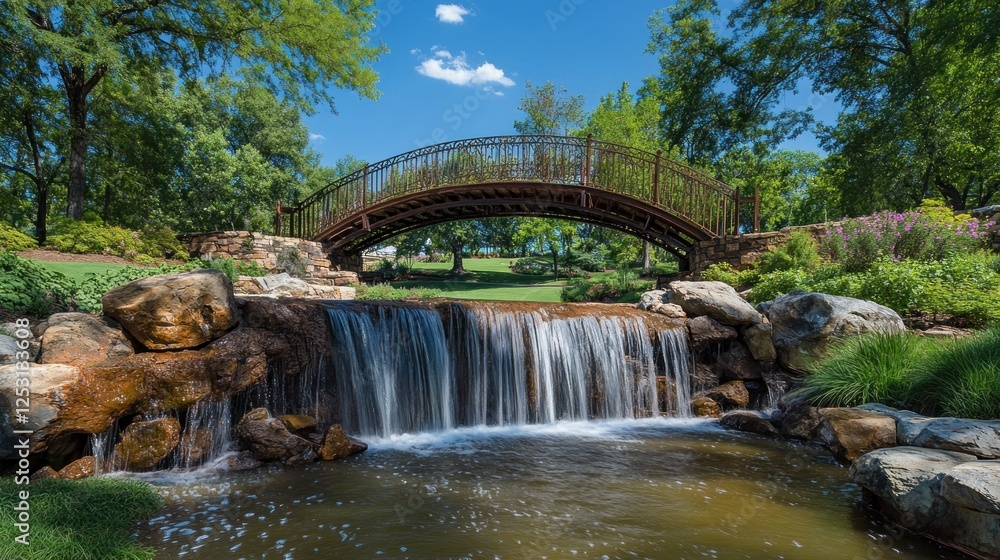 Serene Waterfall and Bridge in a Lush Garden Serene Waterfall and Bridge in a Lush Garden