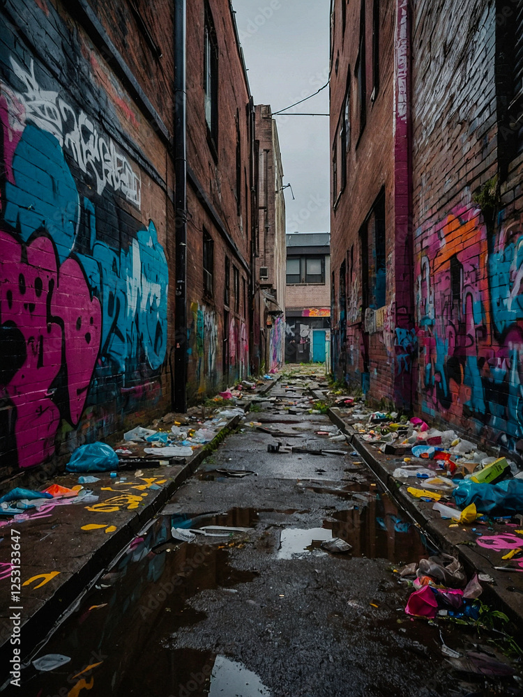 Fototapeta premium Derelict urban alleyway littered with debris and colorful graffiti art in a gloomy setting.