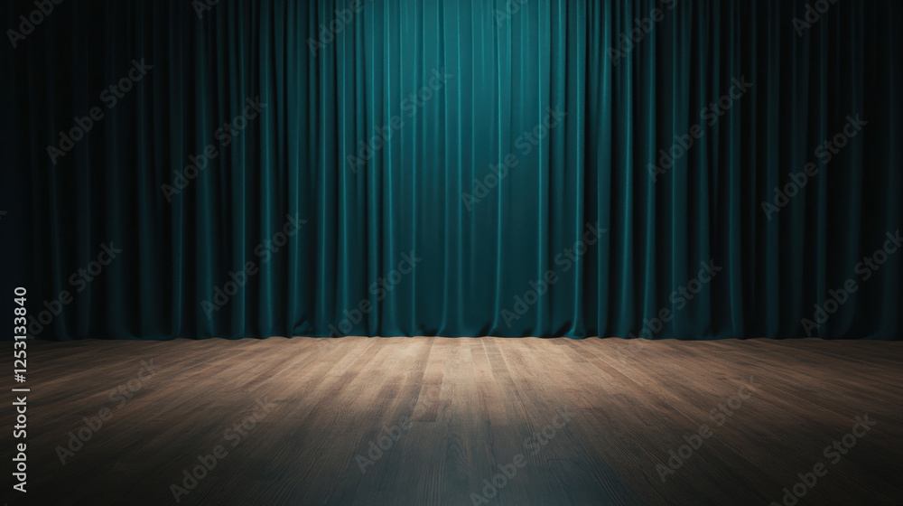 dark empty room with teal curtains and wooden floor, creating dramatic atmosphere perfect for performances or presentations dark empty room with teal curtains and wooden floor, creating dramatic atmosphere perfect for performances or presentations