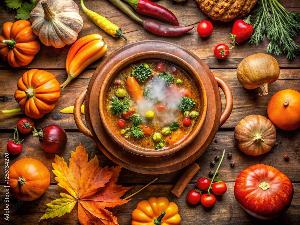 Rustic Clay Pot of Homemade Soup - Aerial Drone Shot Rustic Clay Pot of Homemade Soup - Aerial Drone Shot