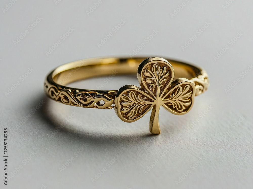 Detailed gold shamrock ring displayed on a clean white background. Detailed gold shamrock ring displayed on a clean white background.