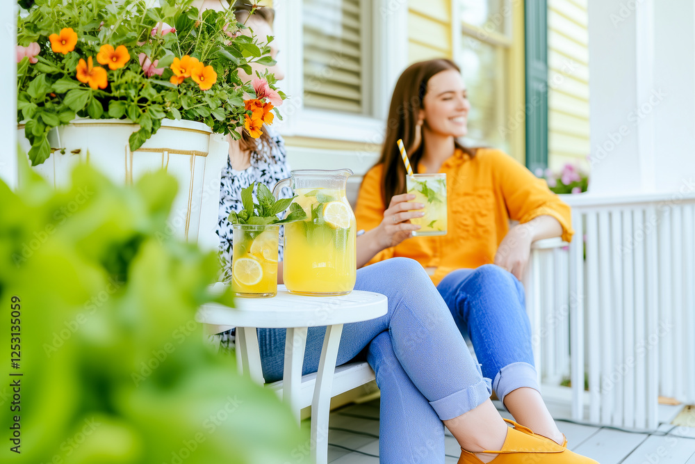 Two women sitting on a white table with glasses of lemonade Two women sitting on a white table with glasses of lemonade