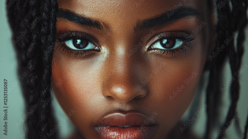 Close-Up Portrait of Black Female Model with Stunning Features Close-Up Portrait of Black Female Model with Stunning Features