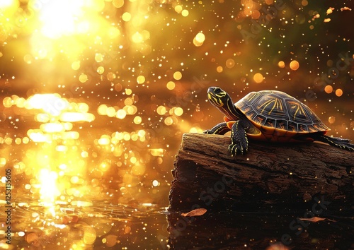 Aerial wildlife photography of an Eastern Longnecked Turtle resting on a log, depicting a picturesque nature moment photo