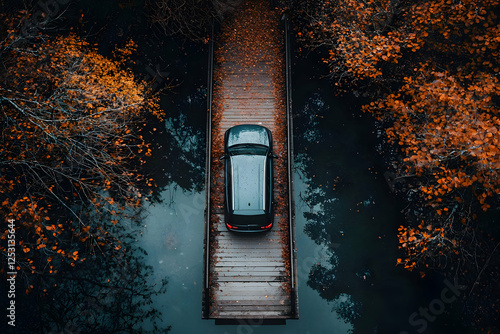 Autumn Drive Car on Wooden Bridge photo