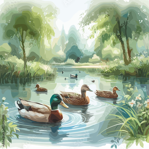 Ducks swimming in a tranquil pond, peaceful mood, watercolor illustration style, lush greenery, nature concept