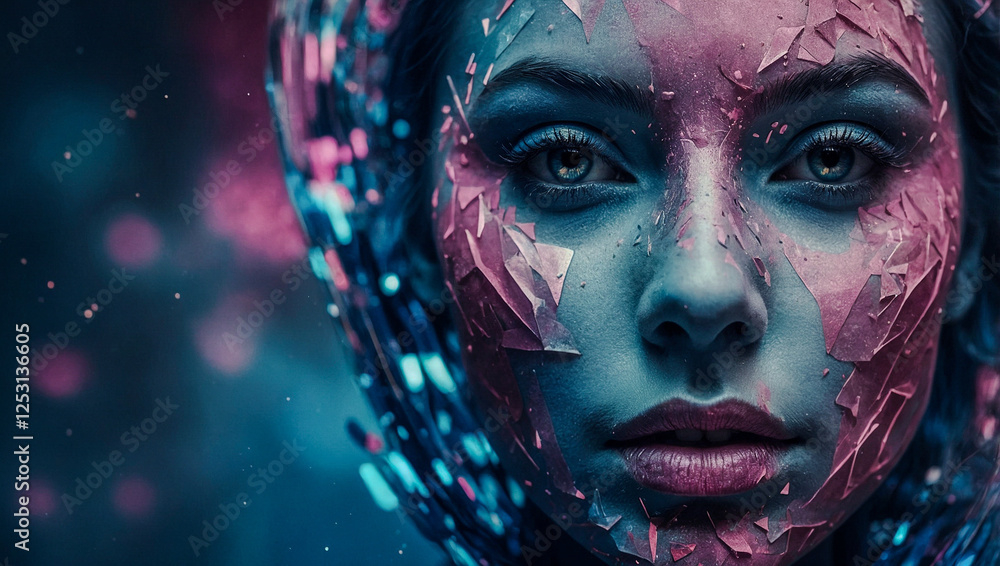 Digital stardust abstract face illustration in blue and pink hues. Digital stardust abstract face illustration in blue and pink hues.