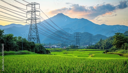 Power lines over rice paddies and mountain landscape at sunset