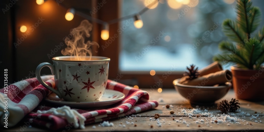 Fototapeta premium A warm beverage in a festive mug rests on a cozy checkered cloth beside a bowl of aromatic spices, creating a tranquil winter scene illuminated by soft lights.