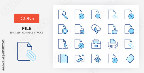 Line icons about files. Contains such icons as archive, shredder, attachment and more. 256x256 Pixel Perfect editable in two colors