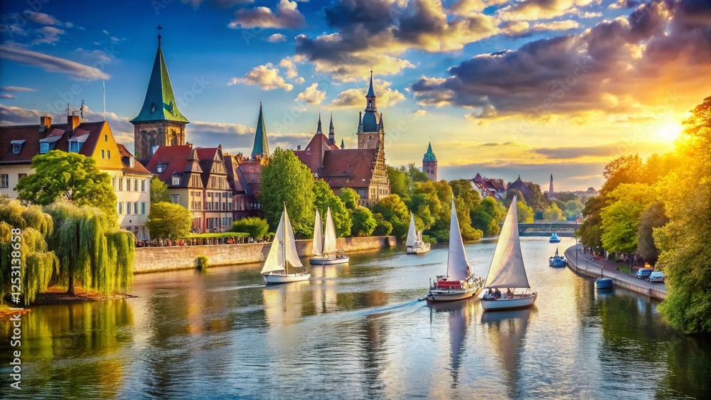 Naklejka premium Sailboats on River, Summer Day, Scenic View, Architectural Photography