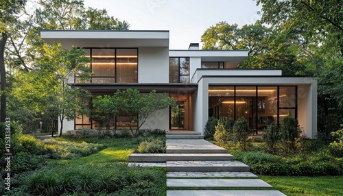 Modern house exterior with garden, trees, and walkway at sunset