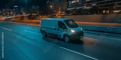 Delivery van travels swiftly on city highway at night
