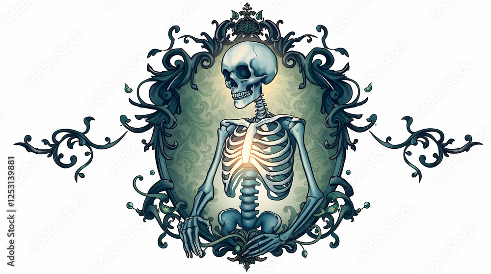 Fototapeta premium Generative AI illustration of scary dry human skull with colorful carnival hat and flowers on rocky surface against grassy forest background