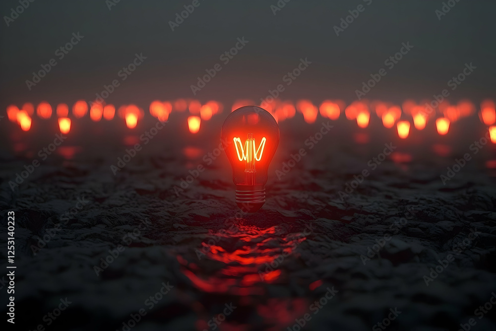 Red glowing lightbulb field, dark landscape, idea concept Red glowing lightbulb field, dark landscape, idea concept