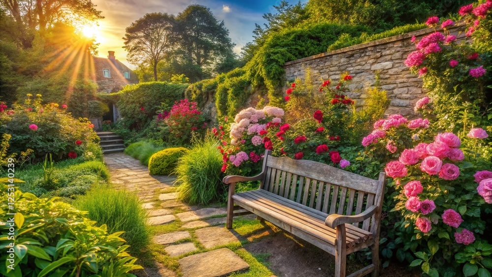 Obraz premium Secluded Wooden Bench in a Summer English Cottage Garden with Pink Roses and Stone Wall - Stock Photo