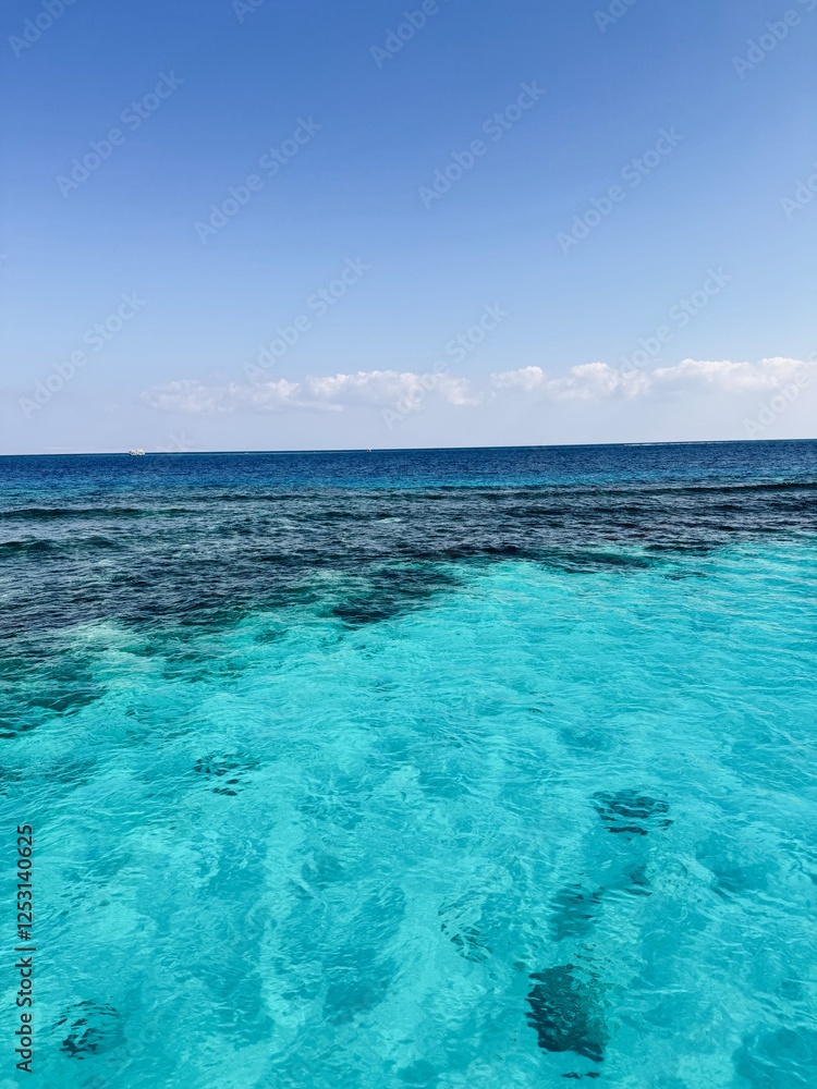 Obraz premium View from a boat on the sea in Egypt, featuring clear sky and vibrant blue water with darker coral-covered areas, showcasing natural marine beauty and coastal tranquility.