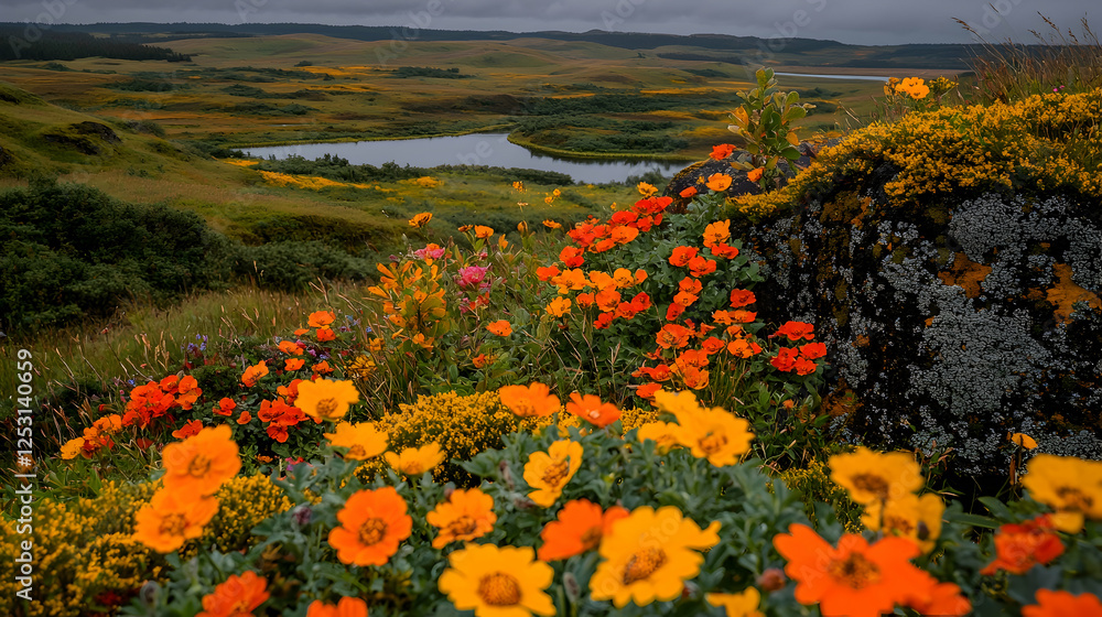 Fototapeta premium Icelandic wildflowers bloom near lake, overcast sky, landscape