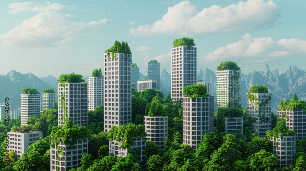 Fototapeta premium Modern Urban Landscape with Greenery and Mountain Backdrop