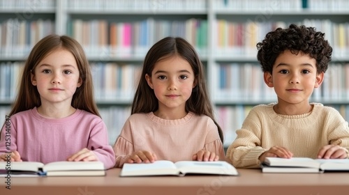 Diverse Students Engaged at Library Table for Academic Study