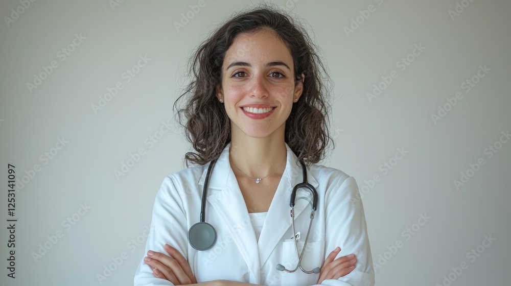 Smiling female doctor, arms crossed, studio portrait Smiling female doctor, arms crossed, studio portrait