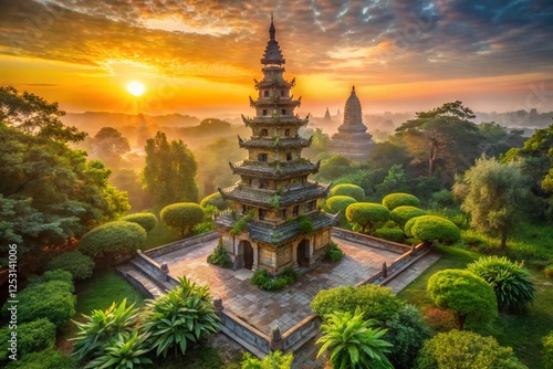 Serene Ancient Pagoda at Sunrise: Majestic Asian Temple Architecture Stock Photo