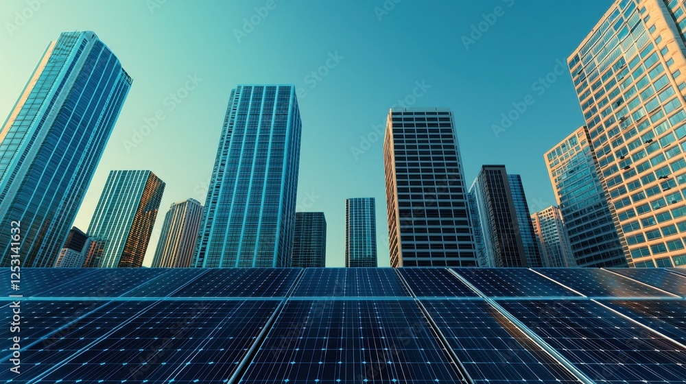 Fototapeta premium Modern Cityscape with Solar Panels Reflecting Blue Sky and Skyscrapers
