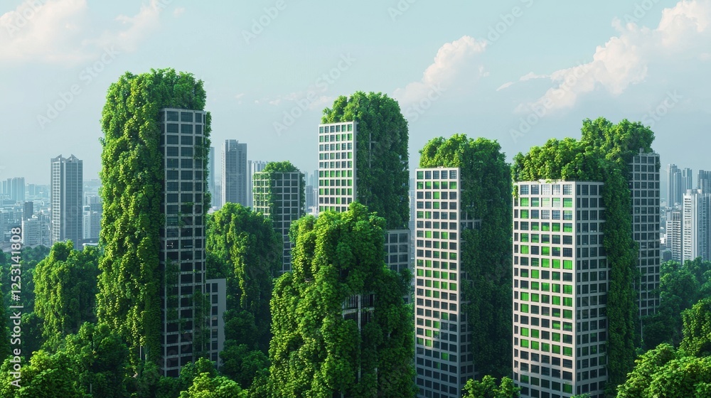 Fototapeta premium Lush Green Skyscrapers Surrounded by Urban Nature and Cityscape
