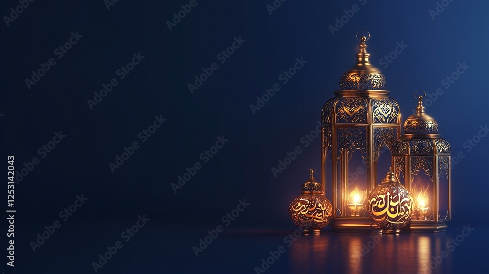 AI Generate Elegant Golden Arabic Glowing Lanterns On A Deep Blue Background AI Generate Elegant Golden Arabic Glowing Lanterns On A Deep Blue Background