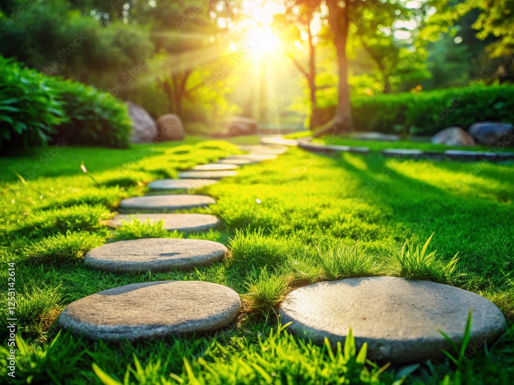 Fototapeta premium Serene Garden Path: Sunlit Stone Stepping Stones on Lush Green Grass
