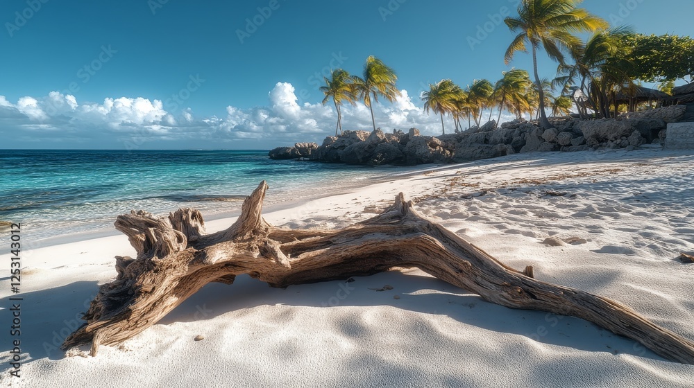 Driftwood lying on tropical white sand beach with palm trees and turquoise water Driftwood lying on tropical white sand beach with palm trees and turquoise water