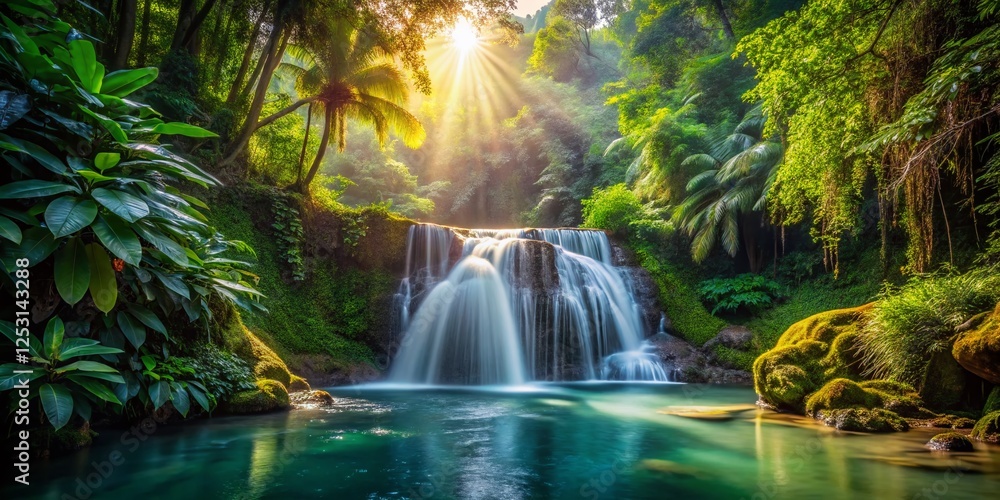 Serene Hidden Waterfall: Lush Tropical Jungle Oasis Adventure Stock Photo Serene Hidden Waterfall: Lush Tropical Jungle Oasis Adventure Stock Photo