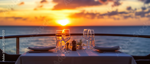 Beautiful ocean view at sunset, romantic dinner table set on cruise deck-1