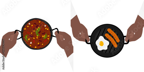 Male hands hold cast iron skillet with Chili con carne and Fried egg with grilled sausages. Set 2